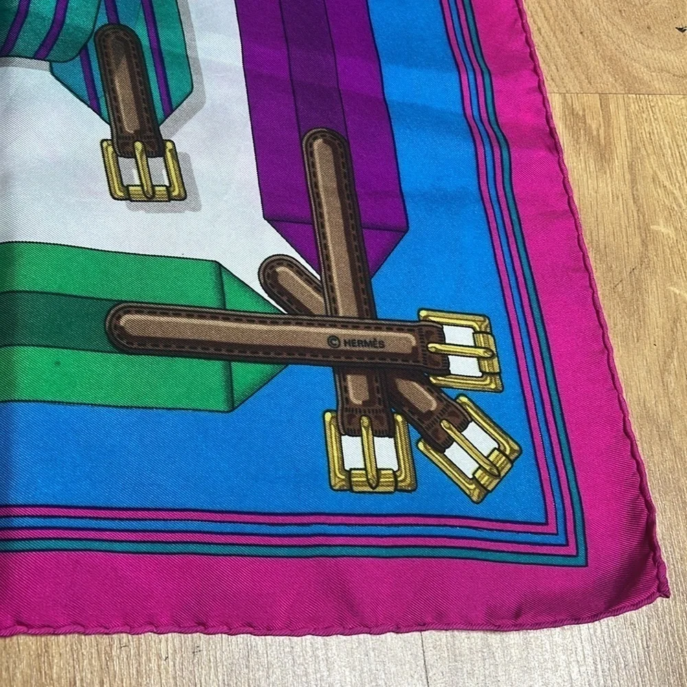 Hermes Vintage J. Metz 90cm 33” J. Les Sangles 100% Silk Scarf w/Bag